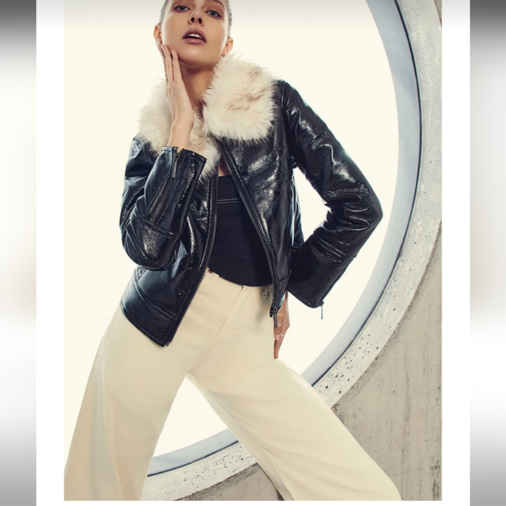 Unreal fur wet look aviator jacket - Picture 8 of 16